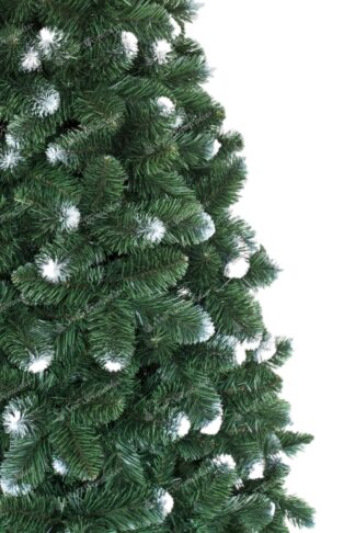 Detail stromčeka Umelý vianočný stromček Borovica Zanežená. stromček má zelené ihličie a konce vetviček sú pokryté snehom.