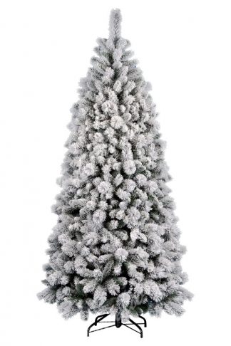 Umelý vianočný stromček v tvare úzkeho ihlana. Stromček je celý pokrytý bielym snehom. Stromček má veľký počet vetvičiek a preto je naozaj hustý. StromČek stojí na železnom stojane.