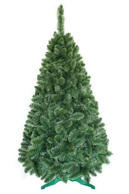 Obrázok umelého vianočného stromčeka . Celý stromček ma jednú prirodzené zelené farbu a veľký počet vetvičiek vďaka ktorým je naozaj hustý . Stromček stojí na umelom stojane.