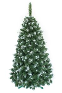 Umelý vianočný stromček borovica so striebornými šiškami a do biela zafarbenými končekmi vetvičiek. Extra hustý do ihlanu tvarovaný vianočný stromček postavený na umelom stojane.