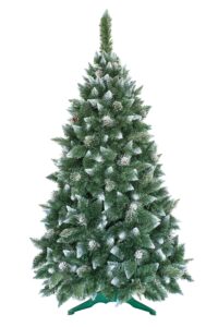 Umelý vianočný stromček Borovica so striebornými šiškami , bielymi špicatými končekmi vetvičiek a imitáciou kryštálikov ľadu. Stromček ma veľký počet vetvičiek a dokonalý ihlanový tvar .Stromček stojí na umelom stojane .
