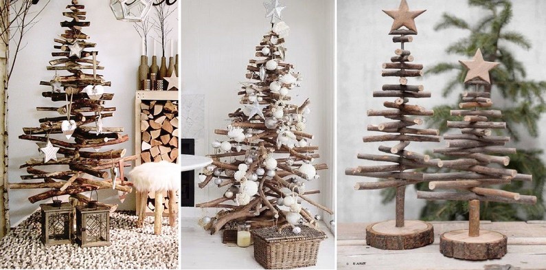 Na obrázku sú 3 rôzné tipy drevených vianočných stromčekov vyrobených z konárov stromov a prútia. Stromčeky sú ozdobené bielými vianočnými ozdobami .