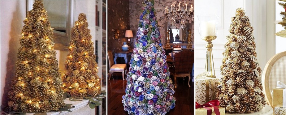 Vianočné stromčeky vyrobené zo šišiek nastriekané do rôznych farieb.