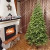 Vianočný stromček bledozelenej farby vo vianočne vyzdobenej miestnosti vedľa krbu.