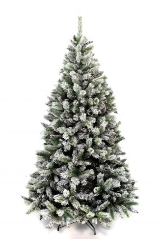 Vianočný stromček pokrytý bielou snehovou pokrývkou. Stromček stojí na kovovom stojane.