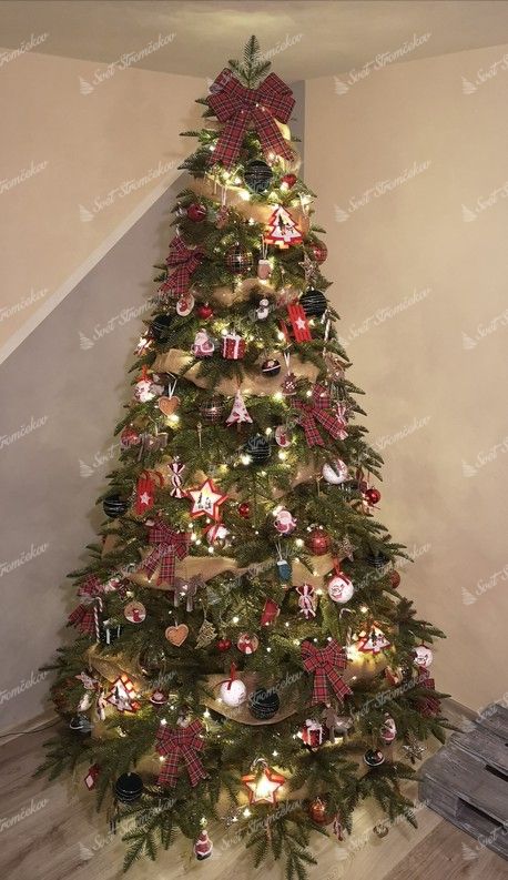 Vianočný stromček 3D Jedľa Kaukazská 240cm ozdobený červenými mašľami a vianočnými dekoráciami