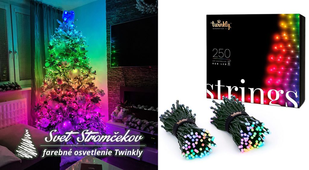 Farebné vianočné led osvetlenie Twinkly Strings multicolor. Vianočný stromček, s farebne svietiacimi svetielkami. Balenie farebných svetielok.