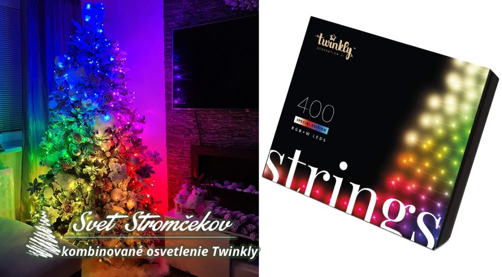 Kombinované vianočné osvetlenie Twinkly Strings special edition. Vianočný stromček svietiaci v rôznych farbách. Balenie svetielok.