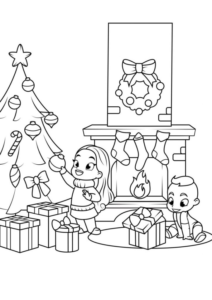 Omaľovánka Vianoce. Deti pri vianočnom stromčeku s darčekmi.