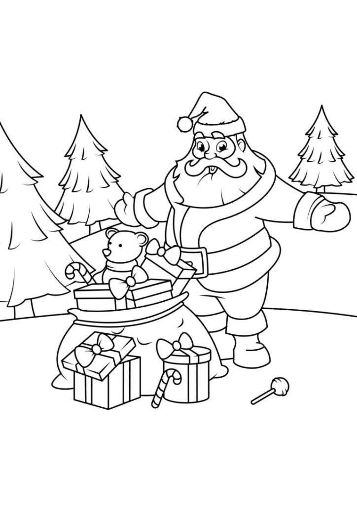 Vianočná omaľovánka Mikuláš s darčekmi.