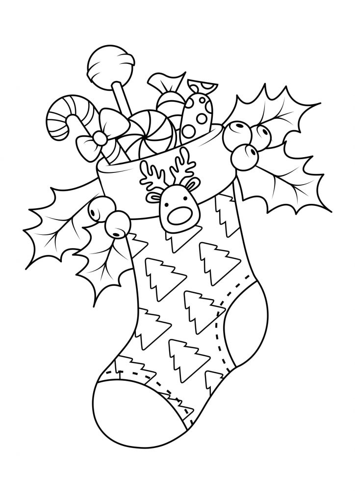 Vianočná omaľovánka ponožka naplnená sladkosťami.
