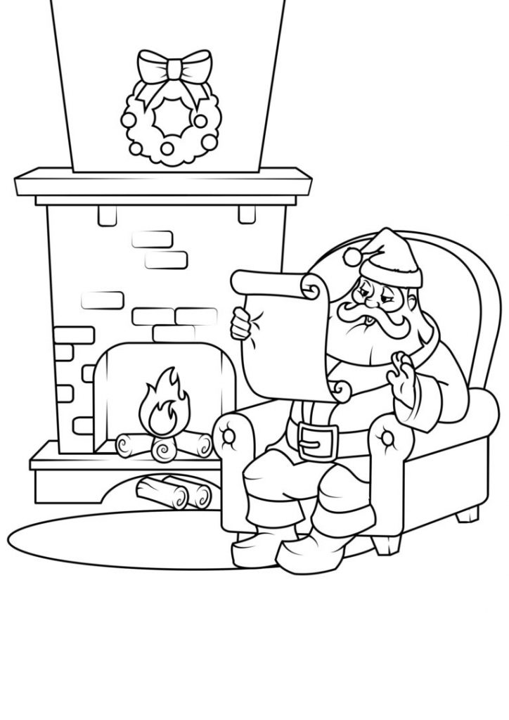 Vianočná omaľovánka Mikuláš na kresle pri krbe.