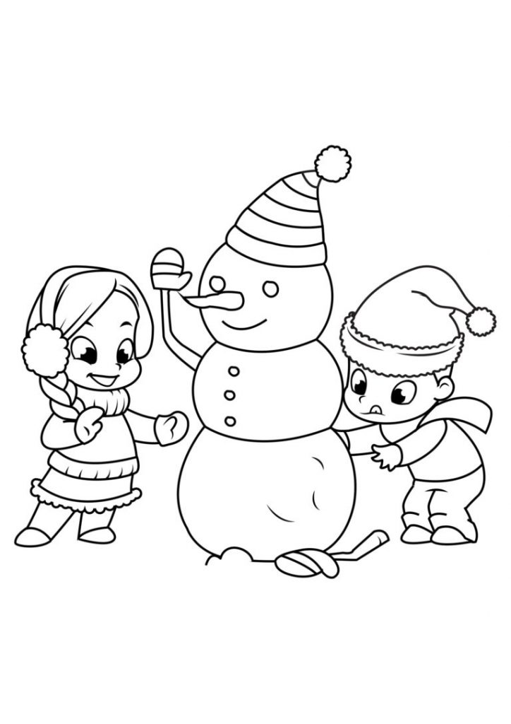 Vianočná omaľovánka snehuliak, ktorého stavajú dve deti.