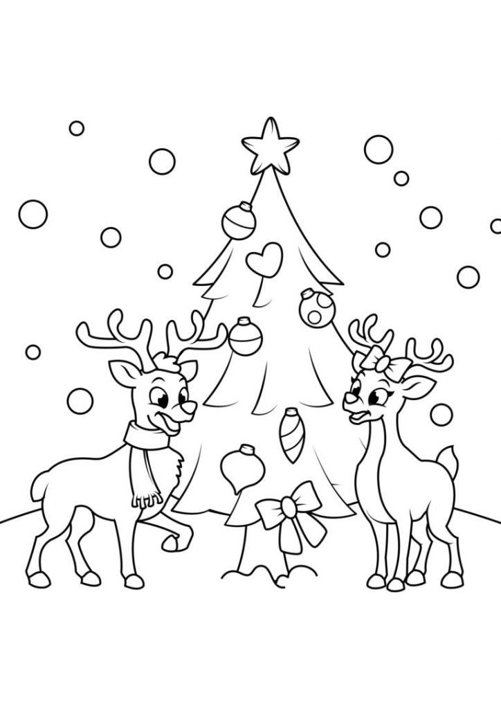 Vianočná omaľovánka na tlačenie, dve srnky pri stromčeku