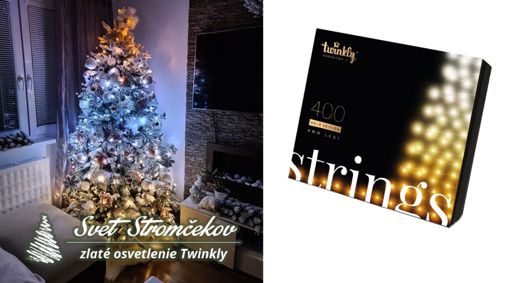 Zlaté led osvetlenie Twinkly Strings gold edition. Svietiaci vianočný stromček v odtieňoch zlatej farby a balenie svetielok.