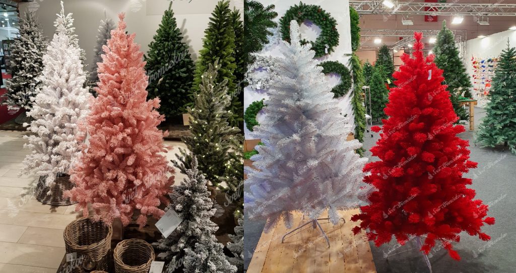 Umelé vianočné stromčeky rôznych farieb a veľkostí
