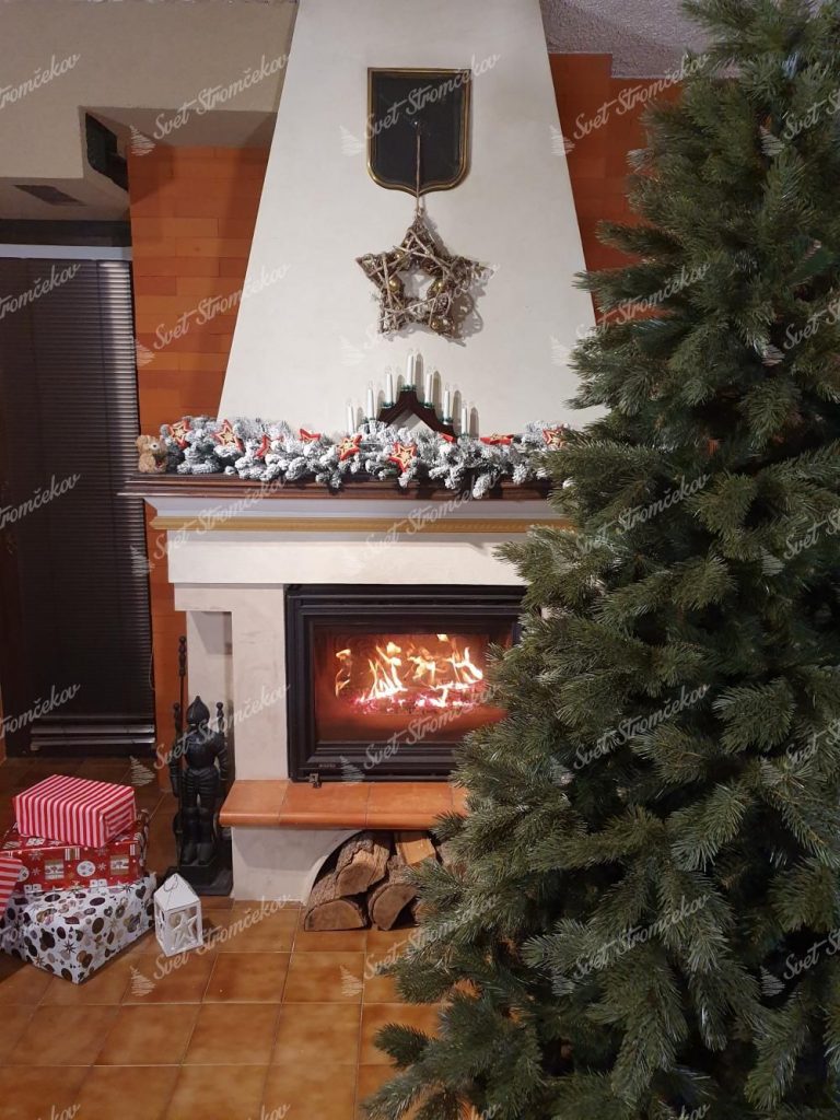 Vianočný stromček 3D Borovica Himalájska. Detail vianočného stromčeka pri krbe.
