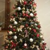 Umelý vianočný stromček 3D Jedľa Kanadská 210cm s červenými a bielymi vianočnými ozdobami