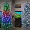 Umelý vianočný stromček 3D Smrek Ľadový Úzky 210cm s bielymi vianočnými ozdobami a LED osvetlením Twinkly