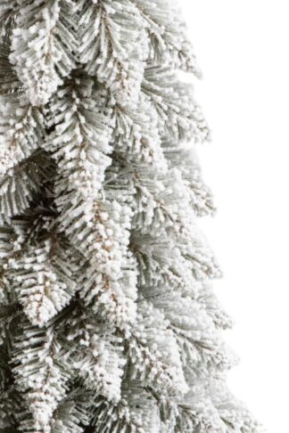 Detail stromčeka Umelý vianočný stromček Smrek Štíhly Zasnežený v kvetináči. stromček je osadený v peknom kvetináči a vetvičky sú husto zasnežené.