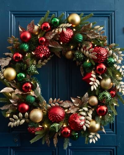 Vianočný veniec na dvere z gulí červeno, zeleno, zlatý