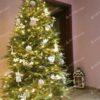 FULL 3D umelý vianočný stromček so zelenými vetvičkami, ozdobený bielymi ozdobami a bielym osvetlením