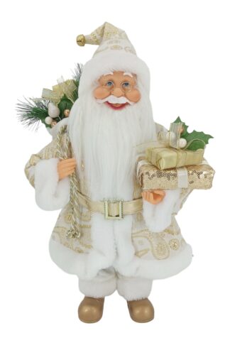 Dekorácia Santa Claus zlatý 40cm, oblečený v bielom kabátiku so zlatými ornamentami a zlatým opaskom.Na nohách má zlaté topánky. Mikuláš má hustú bielu bradu a vkusné okuliare. Vruke drží darčeky a na pleci má batoh s čečinou