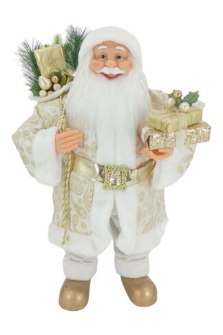 Dekorácia Santa Claus zlatý 80cm má oblečený biely kabátik so zlatými aplikáciami. opásaný je zlatým opaskom. Na nohách má obuté zlaté topánky. Má hustú bielu bradu. V ruke drží darčeky a na pleci mý zavesený batoh s čečinou a darčekmi.