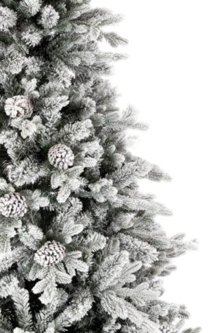 Detail stromčeka Biely vianočný stromček 3D Smrek Polárny. Stromček je husto zasnežený a ozdobený šiškami.