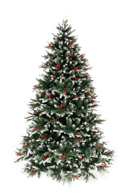 Umelý vianočný stromček 3D Smrek Zasnežený. stromček má konce vetviček pokryté snehom a je ozdobený plodmi cezmíny.