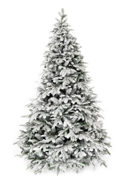 Umelý vianočný stromček 3D Jedľa Alabastrová. Stromček je husto zasnežený.