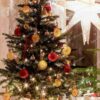 Umelý vianočný stromček 3D Mini Smrek Lesný 105cm v kvetináči, stromček je osadený v kvetináči a je ozdobený červenými ozdobami a sušeným ovocím