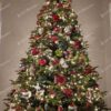 Umelý vianočný stromček FULL 3D Jedľa Kaukazská 240cm, stromček má husté svetlozelené ihličie a je ozdobenýčerveno-bielymi ozdobami