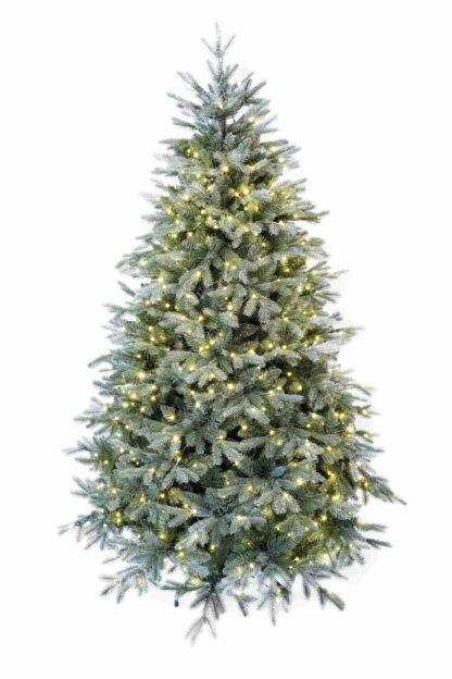 Umelý vianočný stromček 3D Smrek Strieborný LED má husté zelenostrieborné ihličie