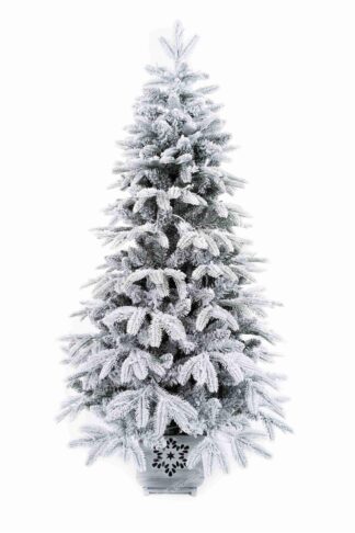 Umelý vianočný stromček 3D Smrek Aljašský v kvetináči má husto zasnežené vetvičky a je vo vkusnom kvetináči