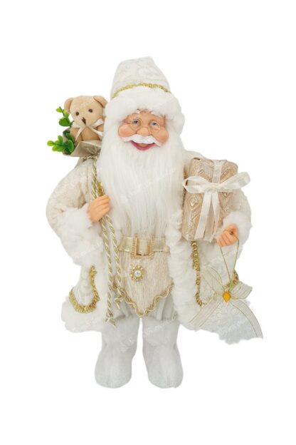 Dekorácia Vianočný Mikuláš Biely 40cm, má oblečený biely kabát so zlatým olemovaním. v ruke drží darček. má hustú adlhú bielu bradu