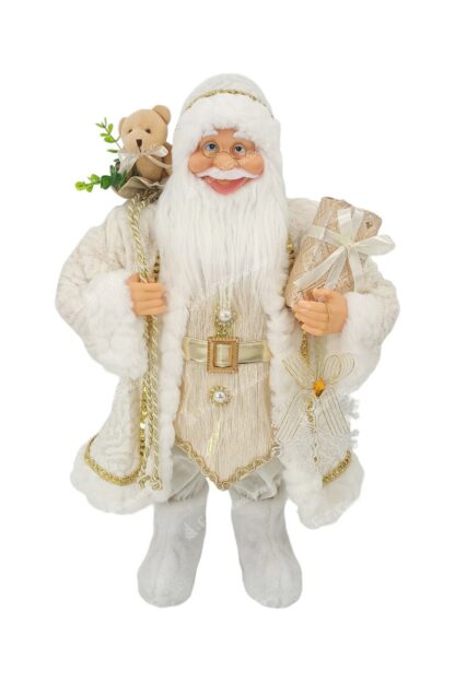 Dekorácia Vianočný Mikuláš Biely 60cm, má oblečený biely kabát so zlatým lemom a má biele topánky. Má hustú bielu bradu, drží v ruke darček.