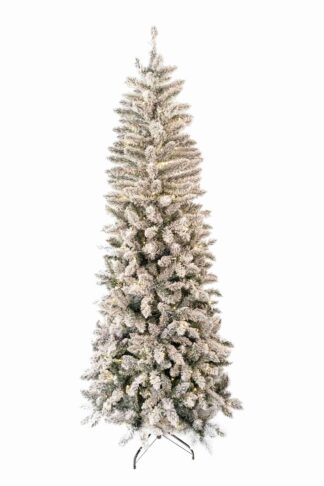 Umelý vianočný stromček Smrek Biely Úzky LED má husto zasnežené vetvičky