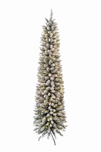 Umelý vianočný stromček Smrek Biely Štíhly LED má husto zasnežené vetvičky