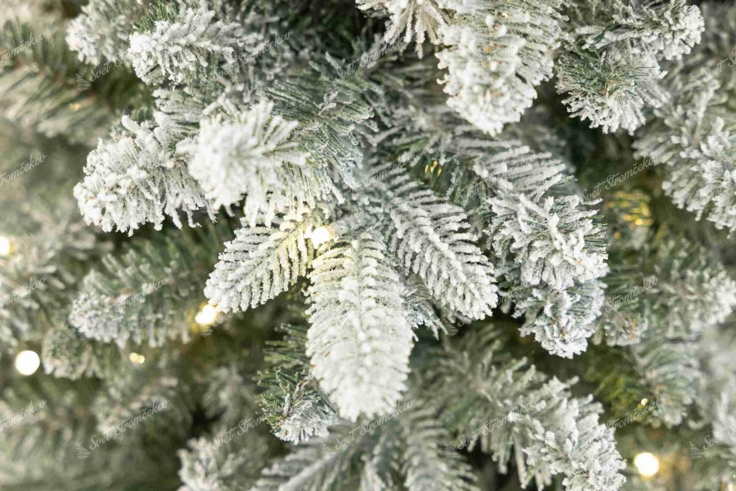 Detail vetvičky vianočného stromčeka 3D Smrek Kráľovský Úzky LED ktorá je husto pokrytá nánosom umelého snehu